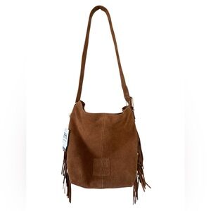 HAUTE HIPPIE Brown Suede Leather Fringe Bucket Hobo Bag Purse NWT Boho Festival